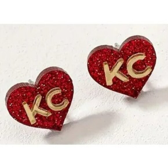 NEW Red‎ & Gold Glitter Kansas City Chiefs Stud Heart Earrings - Picture 1 of 4